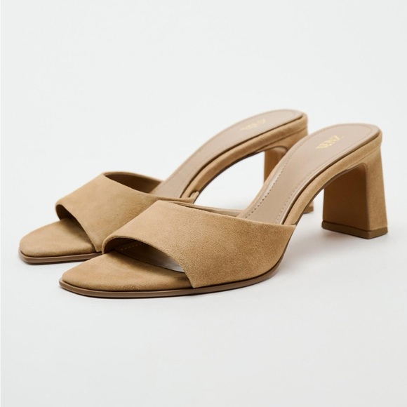Zara Shoes - ZARA SUEDE BLOCK HEEL SLIDES HEELS MULES 9 40 TAN BROWN TAUPE 2329/310